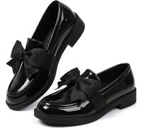Ladies Patent Leather Loafers with Bow, Pink Slip-On Flat Shoes, Casual Comfort Footwear Work Daily Casual Dressy (Black,36)