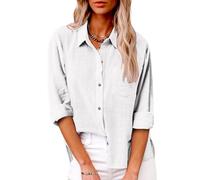 Ladies Shirts Cotton Linen Button Down Shirt 2024 Spring Casual Long Sleeve Solid Color Shirts Loose Work Tops with Pockets Basic Blouse for Travel C-191