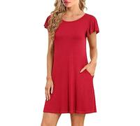 Ladies Summer Dresses 2023 Ruffle Short Sleeve Casual Beach Tshirt Dress Round Neck Loose Swing Sundress with Pockets for Holiday Party Beach A-168