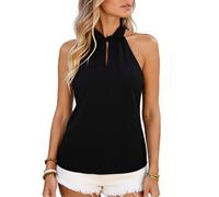 Ladies Women's Summer Halter Neck Tank Top Sleeveless Solid Color Tie Front Blouse Casual Loose Fit Chiffon Shirt for Beach Party Vacation