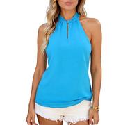 Ladies Women's Summer Halter Neck Tank Top Sleeveless Solid Color Tie Front Blouse Casual Loose Fit Chiffon Shirt for Beach Party Vacation