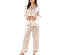 Ladieshow Traje de Pijama Femenino, Pijama de Seda de satén con Botones de Manga Larga/Corta, Pijama de Color sólido Todo el año champán Dorado (m)
