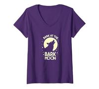 Ladra en la Luna de Corteza: Noche Estrellada del Lobo Aullando Camiseta Cuello V, Mujer, Morado, M