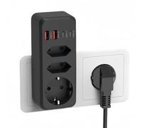 Ladron Enchufes 7 en 1,Enchufe Multiple con 4 USB,1 Schuko y 2 Enchufe EU,Ladron Enchufe Plano con USB C,Regletas Enchufes Pared,Enchufe Doble 3500W para Móvil,Familia,Oficina,Cocina,Negro