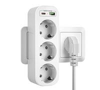 Ladron Enchufes Multiple 3 Tomas USB C, Pared con 3 Clavija Schuko y 2 USB Puertos,Alargador con Cargador,Adaptador Triple Portátil Protección Infantil,Blanco