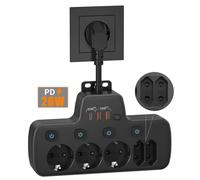 Ladron Enchufes USB C, Regleta 5 Tomas con Interruptor, Base Enchufe Multiple con PD20W y Dual QC18W Carga Rápida, Tomadas Electrica Proteccion Sobretension, Alargador Outlet Extender Pared, Negro