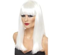 Smiffys Peluca Glamourama, blanco, larga recta con flequillo Halloween, Carnaval
