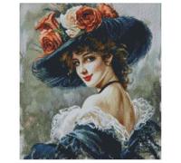 Lady in Hat (4) Kit de punto de cruz contado, tela aida de 14 puntos, 100% hilo de algodón, 150 x 160 puntos, 26 x 28 cm de algodón