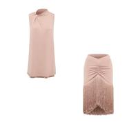 Lady Latin Dance Performance Costumes For Women Sleeveless Top Fringe Skirt Suit Chacha Rumba Practice Wear(Top and Skirt,L)