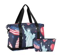 Lady Liberty globo americano rojo y azul bolsa de gimnasio bolsa de fin de semana con bolsa de cosméticos de trekking set de 2, globo americano rojo y azul Lady Liberty, 1 tamaño, Globo americano rojo