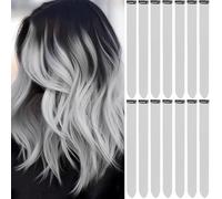 LADYAMZ Extensiones de cabello de colores, 14 unidades, 22 pulgadas, extensiones de cabello con clip de color gris claro, reflejos de fiesta, coloridas, largas y rectas, postizos sintéticos para niñas
