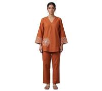 Ladyline Conjunto de 2 piezas de pantalones de túnica bordados de algodón puro para mujer, conjunto de camiseta kurti étnica con pantalones palazzo, conjunto de pantalones Kurta, Herrumbre, 66