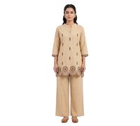 Ladyline Conjunto de pantalones de túnica bordados de algodón puro para mujer, conjunto de camiseta kurti con palazzo, estilo casual de verano étnico, beige, 74