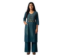 Ladyline Conjunto de pantalones Kurta de algodón puro para mujer, largo hasta la rodilla, bordado a mano, pantalones tipo túnica Kurti, Teal, 68