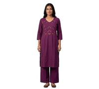 Ladyline Conjunto de pantalones kurta de algodón puro para mujer, longitud a la rodilla, bordado a mano, pantalones tipo túnica Kurti, Vino, 66