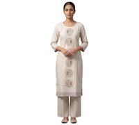Ladyline Conjunto de pantalones Kurta Palazzo con estampado de algodón puro para mujer, conjunto étnico, conjunto elegante de pantalón tipo túnica Kurti para mujer, crema, 74