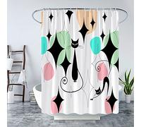 LAEDCIITI Cortina de Ducha con diseño de Gato Negro de Mediados de Siglo, Moderno, atómico, Abstracto, geométrico, patrón icónico Retro, Gatito Negro, 1950, 1960, Vintage, Divertido, Verde Azulado,