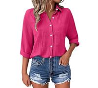 Lässiges, kurzärmliges, einfarbiges Blusenoberteil für den Alltag mit Jeans, bequemes Hemd für Frühling, Sommer und Herbst, Rosa (Hot pink), M