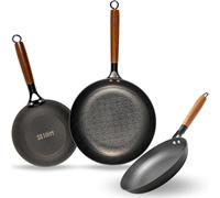 lätt Home Juego de Sartenes Hierro Fundido Antiadherente Aptas para Cocina de Induccion Gas Vitrocerámica Eléctrica Horno Lavavajillas - Mango Madera Acacia Removible - Set 3 Diametros 20-24 - 28 cm