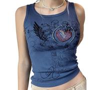 Lafaguw Camisetas sin mangas para mujeres y niñas, diseño de corazón con diamantes de imitación, cuello en U, sin mangas, para verano, ropa de verano, Blue4, S