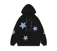 Lafaguw Linda sudadera con capucha para mujer y hombre, con cremallera y gráfico de estrellas, sudadera de gran tamaño, chaqueta Harajuku, ropa de calle, Negro -, M