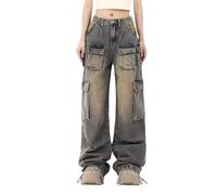 Lafaguw Pantalones cargo para mujer, de cintura baja, holgados, con bolsillo, pierna ancha, casual, a la moda, ropa de calle grunge emo, Blue2, X-Large