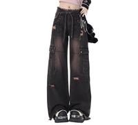 Lafaguw Pantalones Cargo para Mujer, de Cintura Baja, Holgados, con Bolsillo, Pierna Ancha, Casual, a la Moda, Ropa de Calle Grunge EMO, Negro 5, M