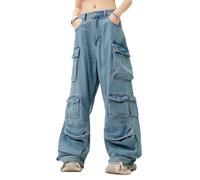 Lafaguw Pantalones cargo para mujer, de cintura baja, holgados, con bolsillo Y2K, pierna ancha, casual, a la moda, ropa de calle grunge emo, Blue4, S