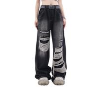 Lafaguw Pantalones de mezclilla holgados para mujeres y hombres, pantalones de pierna recta rasgados de cintura alta, jeans desgastados Y2K, ropa de verano grunge., Negro1, L