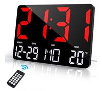 Lafocuse 12" LED Reloj de Pared Digital con Pantalla Grande, Silencioso Reloj Digital Sobremesa con Temperatura, Fecha, Alarma, Snooze, 12/24 Horas, Brillo Ajustable, para Salon Cocina Oficina, Rojo