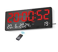 Lafocuse 15.5" Reloj de Pared Digital con LED Pantalla Grande, Silencioso Reloj Digital Sobremesa con Temperatura, Fecha, 2 Alarma, 12/24 Horas, Brillo Ajustable, para Salon Cocina Oficina, Rojo