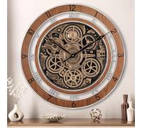Lafocuse 53cm Reloj de Pared Grande Engranajes Giratorios Marrón, Vintage Madera Industrial Steampunk Reloj con Números Arábigos y Romanos para Salon Cocina Bar Cafetería Decoración