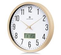 Lafocuse Reloj de Pared Calendario con Fecha y Termometro LCD, Silencioso Reloj Beige Vintage, Fácil de Leer sin Tictac para Cocina Oficina Dormitorio Salon 30cm