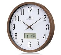 Lafocuse Reloj de Pared Calendario con Fecha y Termometro LCD, Silencioso Reloj Marrón Vintage, Fácil de Leer sin Tictac para Cocina Oficina Dormitorio Salon 30cm