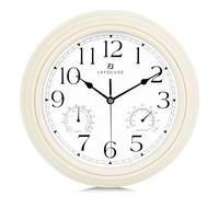 Lafocuse Reloj de Pared con Termómetro e Higrómetro, Silencioso Vintage Blanco Beige, Retro sin Tic TAC para Cocina Salon Porche 30cm