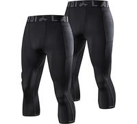 LAFROI Men's 2-Pack Compression Fit 3/4 Tights Leggings with Pcoket/Non-Pocket-YSK10 Pocket Black Size XL