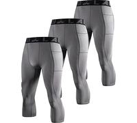 LAFROI Men's 3-Pack Compression Fit 3/4 Tights Leggings with Pcoket/Non-Pocket-YSK10 Pocket Grey Size LG