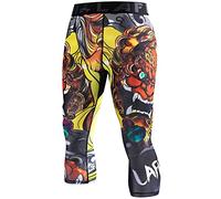 LAFROI Men's Compression Fit 3/4 Tights Leggings with Pcoket/Non-Pocket-YSK10 Lion Dance Size MD