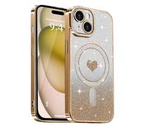 Lafunda Compatible con iPhone 15 Funda, Carcasa Magnética Plating con Brillo y Lentejuelas, Diseño de Protección para Cámara, Carcasa de Lujo Dorado para iPhone 15