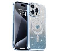 Lafunda Compatible con iPhone 15 Pro MAX Funda, Carcasa Magnética Plating con Brillo y Lentejuelas, Diseño de Protección para Cámara, Carcasa de Lujo Azul para iPhone 15 Pro MAX