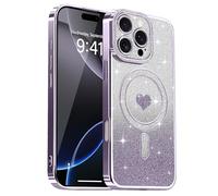 Lafunda Compatible con iPhone 16 Pro MAX Funda, Carcasa Magnética Plating con Brillo y Lentejuelas, Diseño de Protección para Cámara, Carcasa de Lujo Morado para iPhone 16 Pro MAX