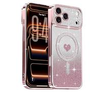 Lafunda Compatible con iPhone 17 Pro Funda, Carcasa Magnética Plating con Brillo y Lentejuelas, Diseño de Protección para Cámara, Carcasa de Lujo Rosa para iPhone 17 Pro