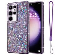 Lafunda Compatible con Samsung Galaxy S23 Ultra Funda Glitter para Chicas, Funda Brillante con Cordon, Efecto 3D Bling en Cristal Case para Samsung Galaxy S23 Ultra - Lila