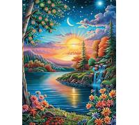 Lago al atardecer con montañas Puzzles 300 Piezas Obra De Arte Decorativa Premium Cuento de hadas acompañante con animales Rompecabezas Familiar Para Adultos DIY Creativo Aliviar Estrés Portátil 300 P