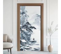 Lago Estanque Adhesivo para Puerta, Pesca Pacífico Zen Papel Pintado Fotomural, Arroyo de Montaña Chino Póster Desmontable Lámina de Puerta PVC para Puerta Dormitorio Baño Adhesivo para Puerta 80 x