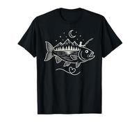 Lago Luna Naturaleza Línea Arte Pescador Canoa Pesca Bajo Camiseta