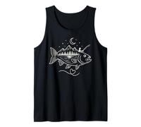 Lago Luna Naturaleza Línea Arte Pescador Canoa Pesca Bajo Camiseta sin Mangas