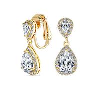 Lágrima Nupcial CZ Halo Prom Colgante Gota Pendientes Lámpara De Araña Clip On Cúbico Zirconia 14K Chapado En Oro De Latón