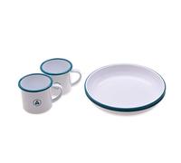 LAGUIOLE - Laguiole Set de 2* Platos y 2*Tazas Vintage Email Picnic Outdoor Camping Blanco Azul