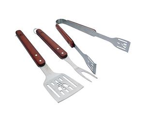 LAGUIOLE - Set Barbacoa 3 utensilios prácticos - Espátula - Tenedor - Tenazas - Acero inoxidable, Madera - Caja de regalo - Para verduras, carne, pescado, parrillas - acero inoxidable, madera - Marrón oscuro